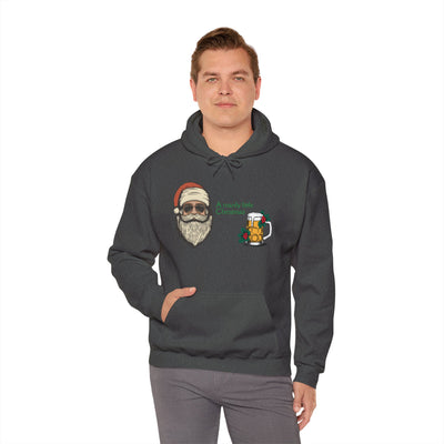Dark grey hoodie with a Santa graphic and a beer mug.