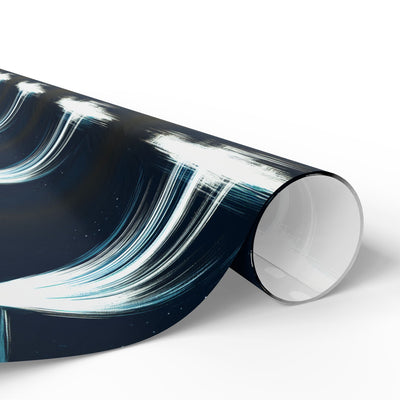 UFO-themed wrapping paper with abstract white and blue brushstrokes on a dark background.
