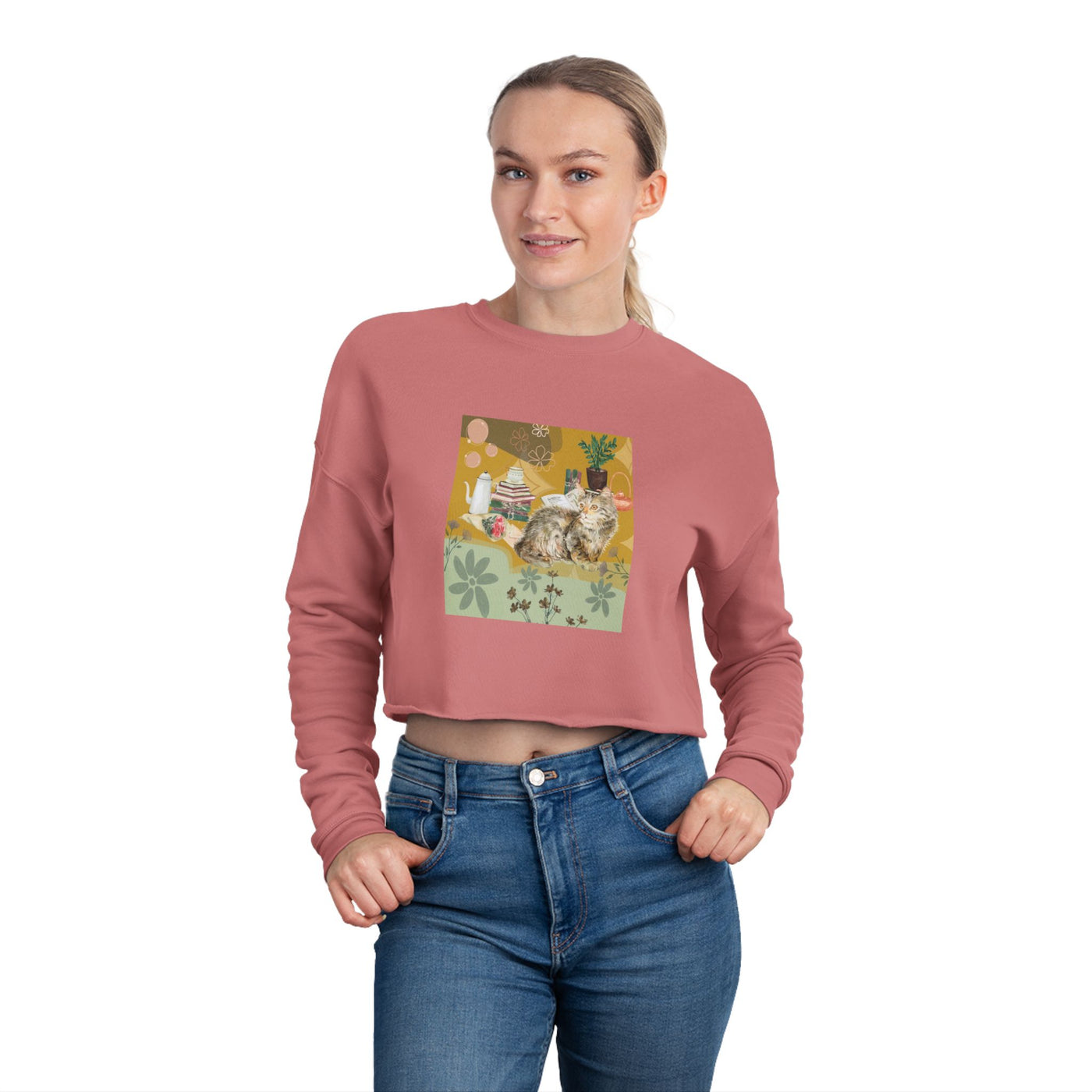 Sweatshirt: Autumn comforts with Kitties & Books - Cropped