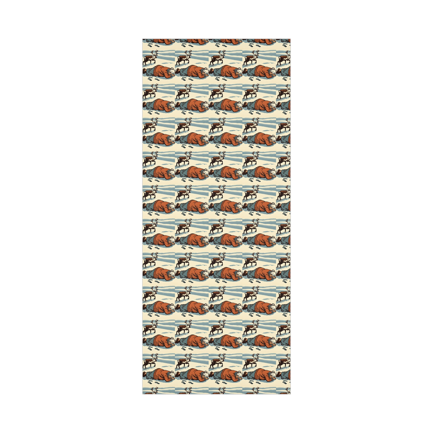 Wrapping paper with a repeating pattern of a person in a red coat and a reindeer in the snow.