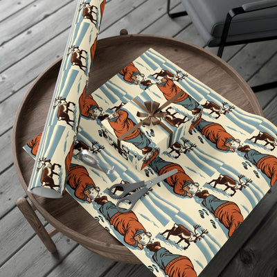 Wrapping paper with a vintage illustration of a grandma and reindeer on a snowy background.