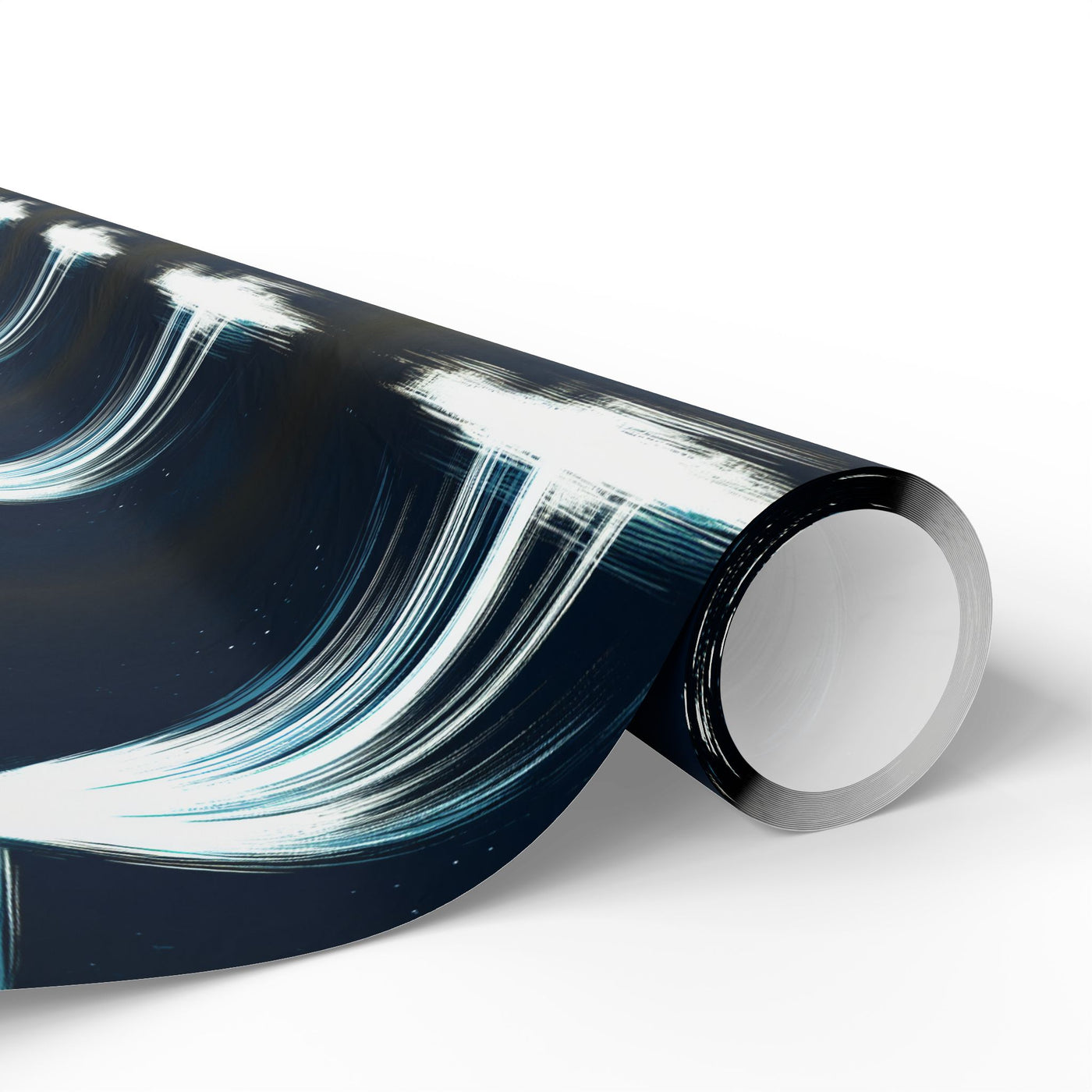 UFO-themed wrapping paper with abstract white brushstrokes on a dark background.