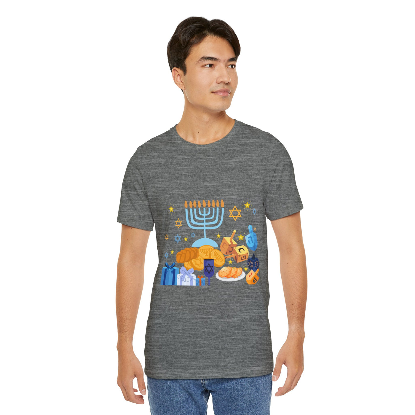 Men's grey t-shirt with a Hanukkah graphic featuring a menorah, dreidels, and gifts.