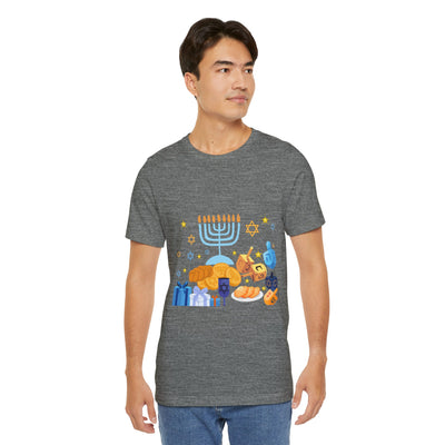 Men's grey t-shirt with a Hanukkah graphic featuring a menorah, dreidels, and gifts.