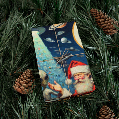 Vintage alien wrapping paper with Santa and planets on a dark blue background.