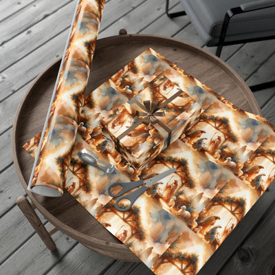 Christmas gift wrap with an elegant nativity scene design.