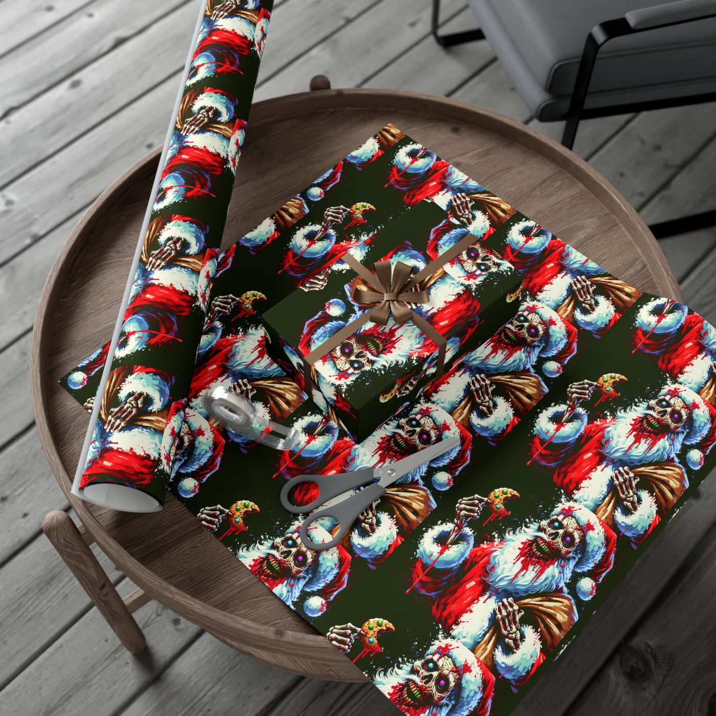 Zombie Santa wrapping paper on a wooden table with scissors and a gift.