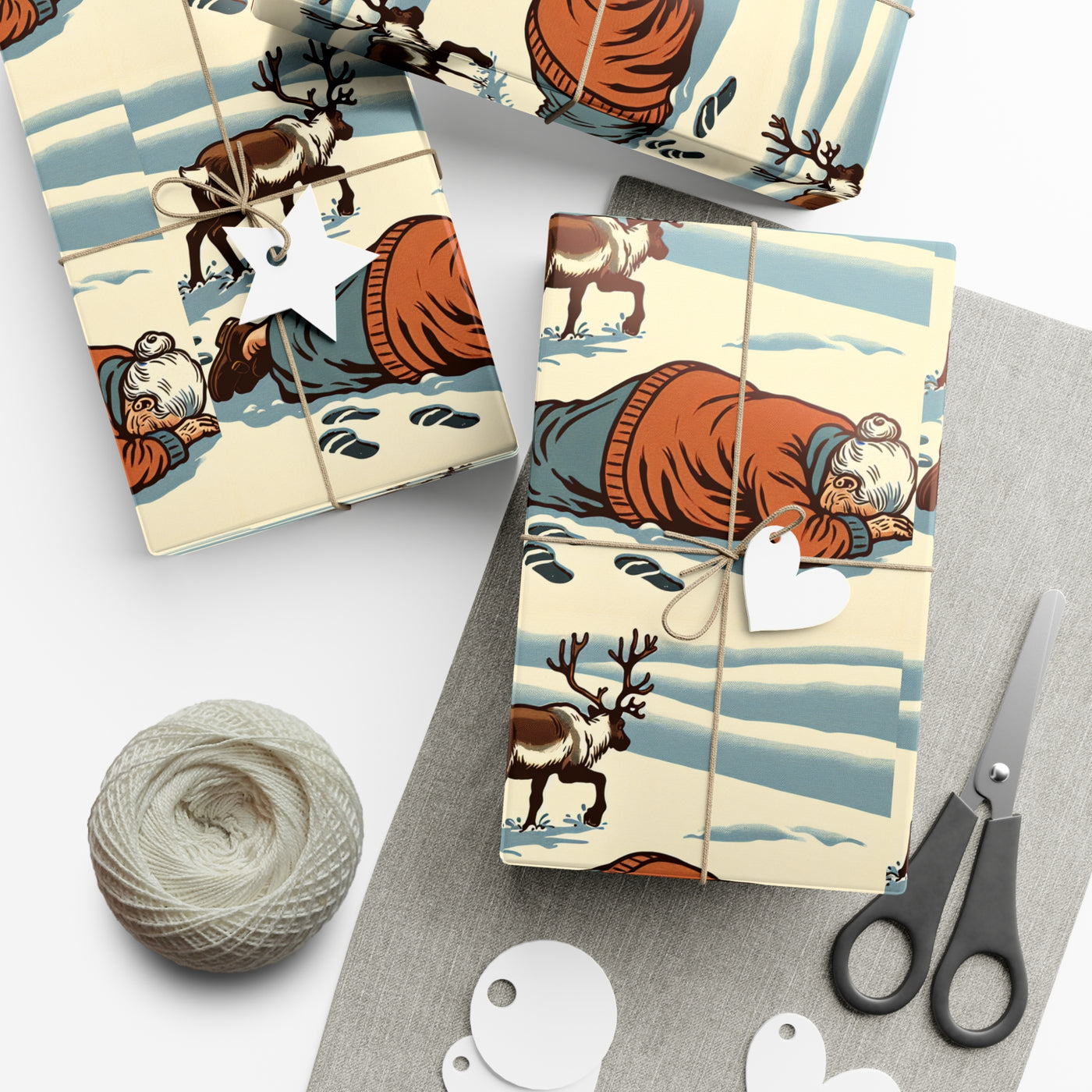 Eco-friendly wrapping paper with a vintage illustration of a grandma and reindeer.