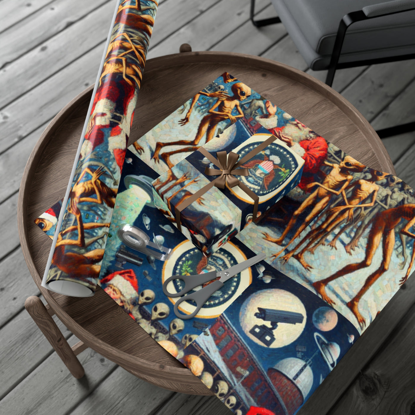 Vintage alien wrapping paper with quirky holiday designs on a wooden table.