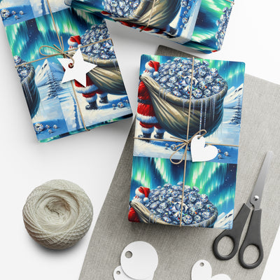Wrapping paper with Santa carrying a sack of diamonds under the aurora borealis.