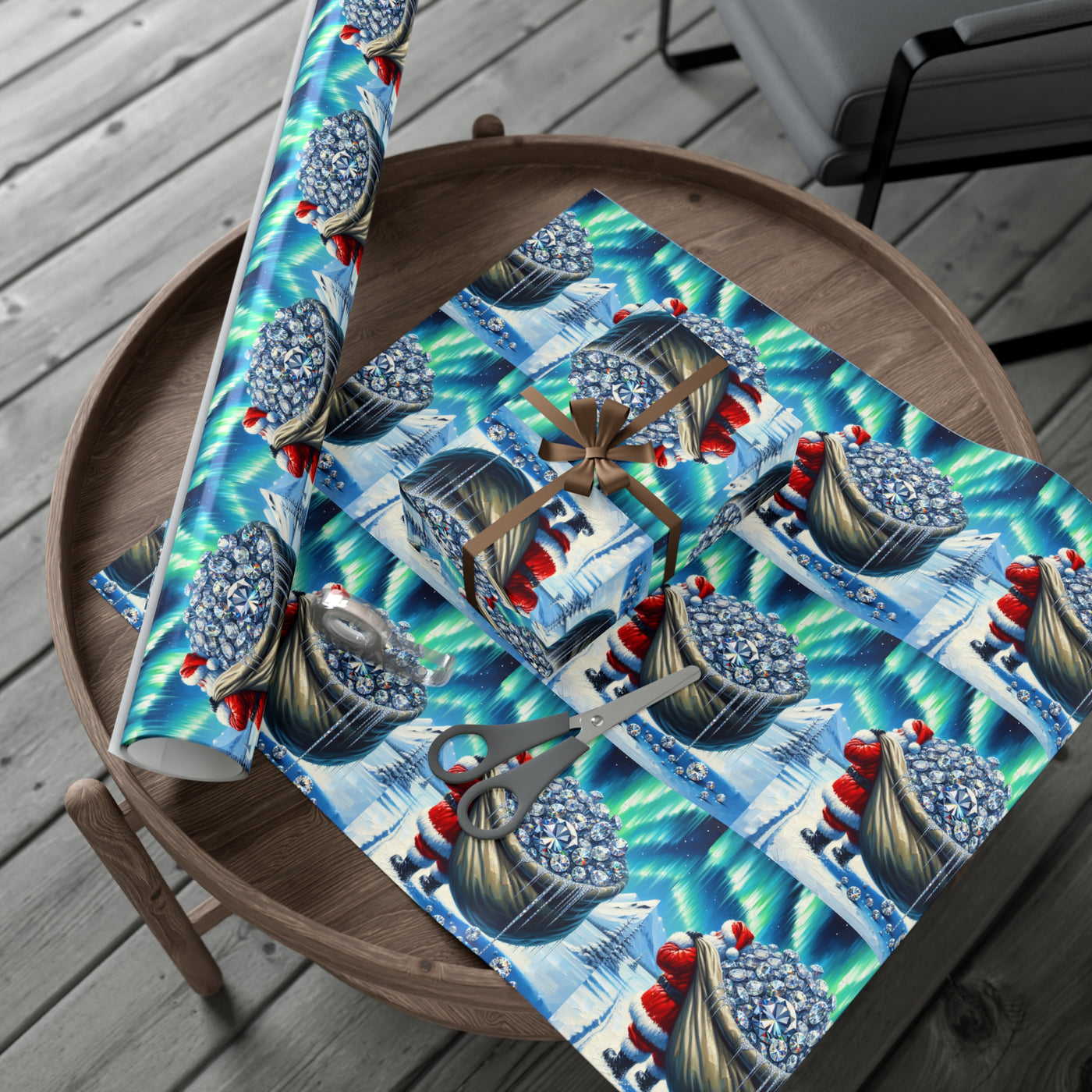 Wrapping paper with a Santa theme featuring a northern lights background.