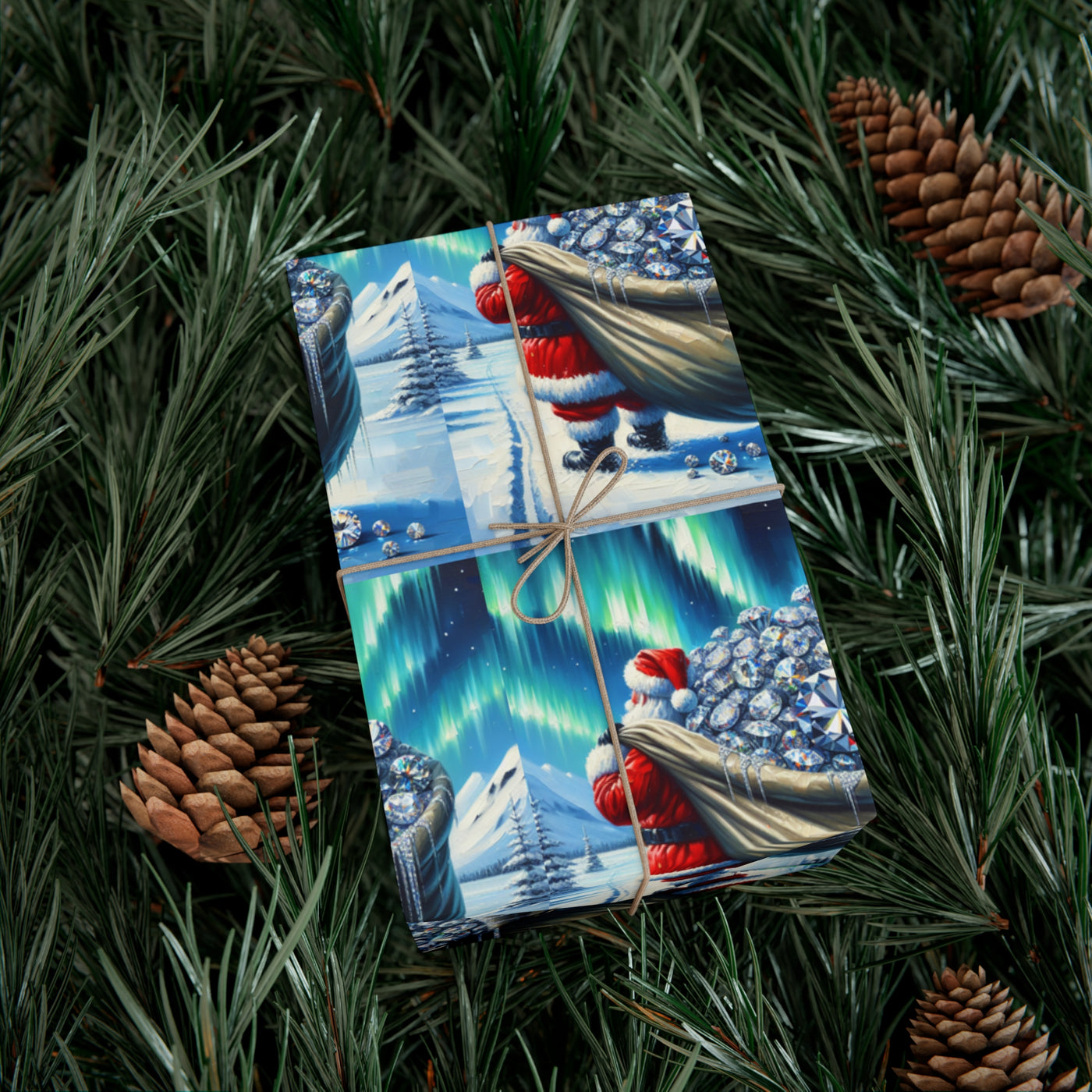 Wrapping paper with a Santa theme, featuring diamonds and the aurora borealis.