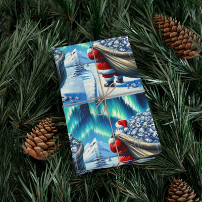 Wrapping paper with a Santa theme, featuring diamonds and the aurora borealis.