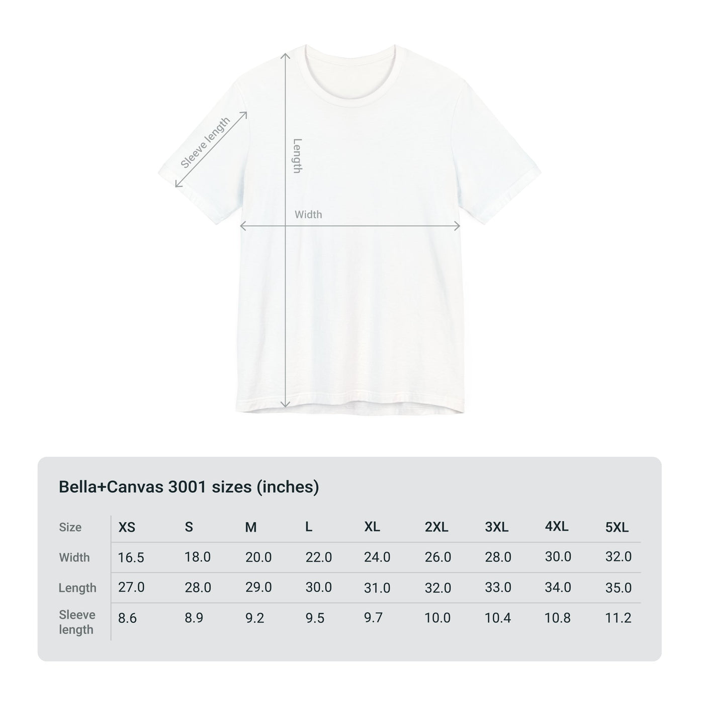 White t-shirt with size chart for Bella+Canvas 3001.