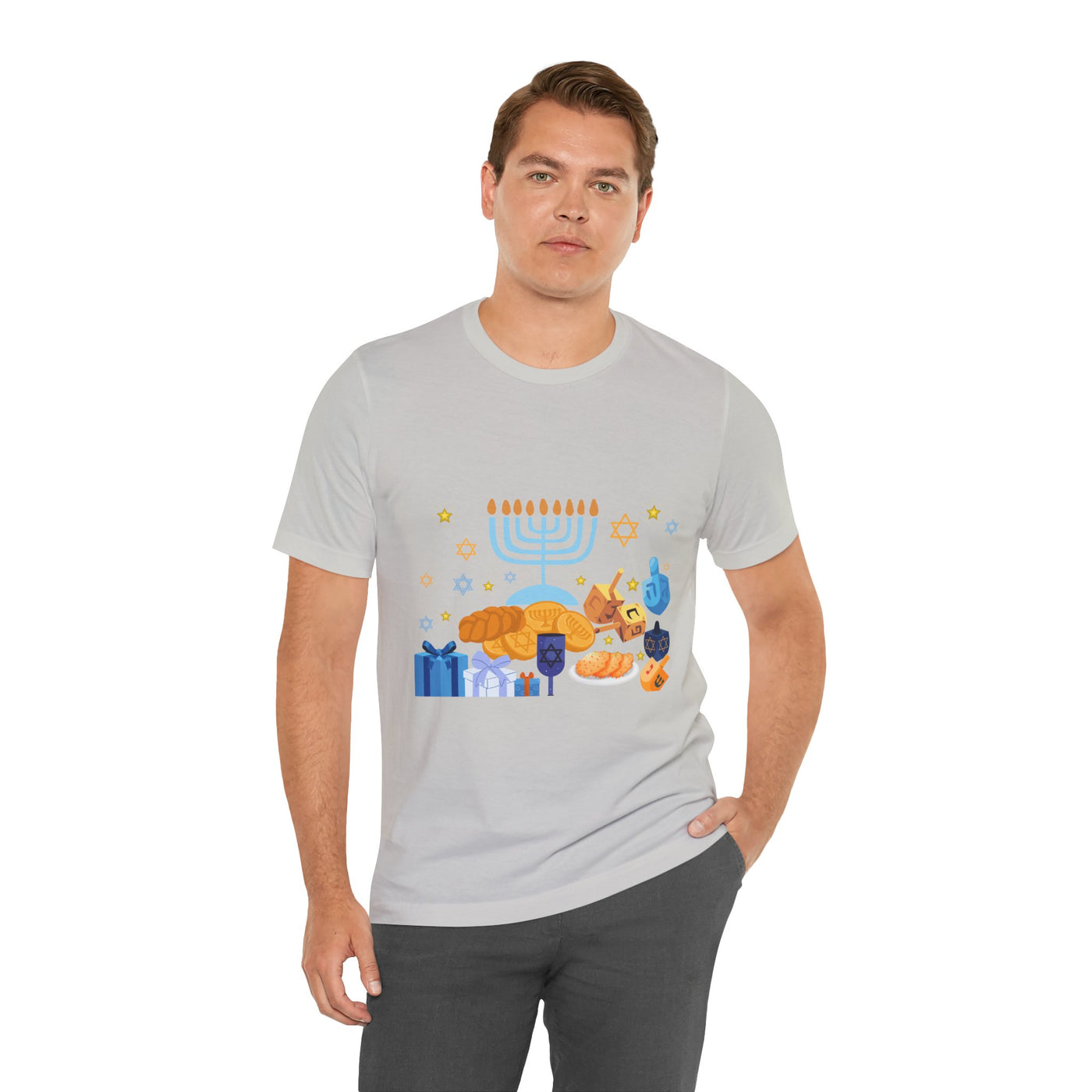 Men's light grey t-shirt with a colorful Hanukkah graphic.