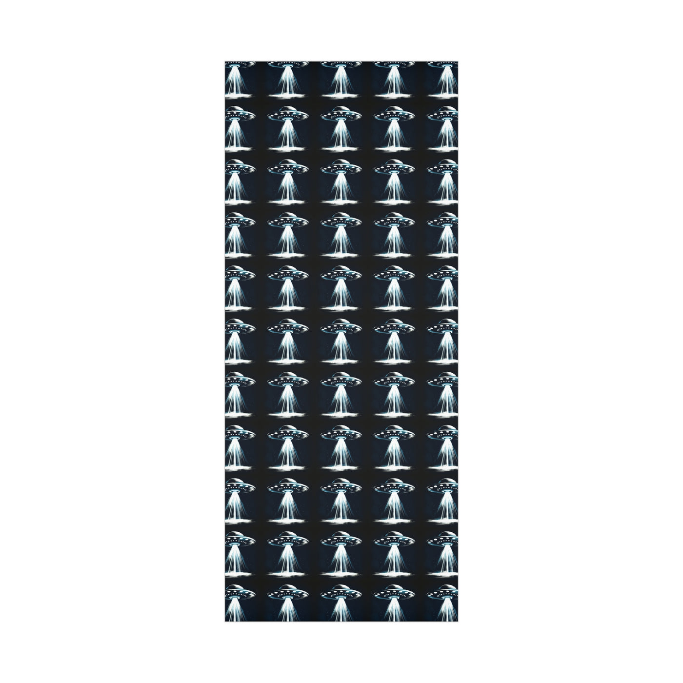 Wrapping paper with a repeating pattern of UFOs emitting beams of light.