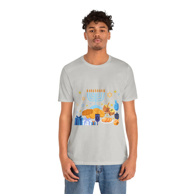 Men's light grey t-shirt with a colorful Hanukkah graphic.