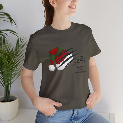 Unisex t-shirt with a Nightmare on Elm Street holiday horror graphic.