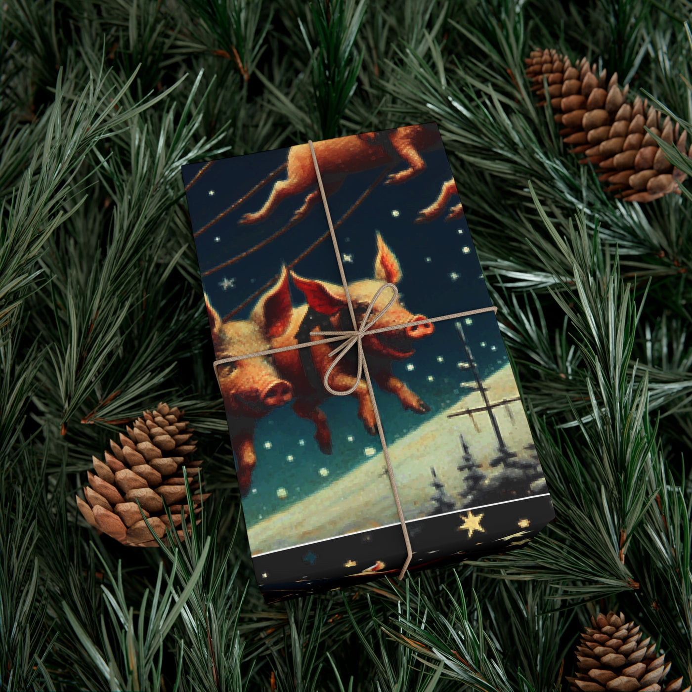 Wrapping paper with flying pigs on a starry night.