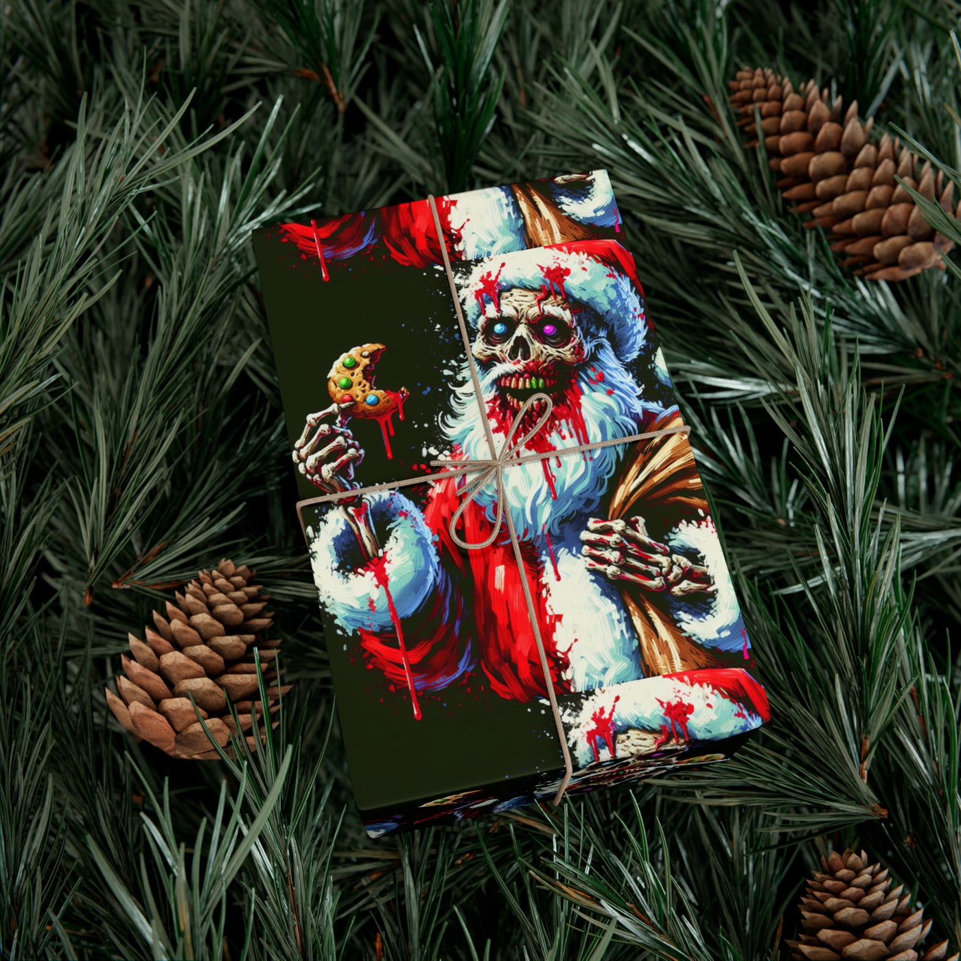 Zombie Santa gift wrap with pine needles and pinecones.