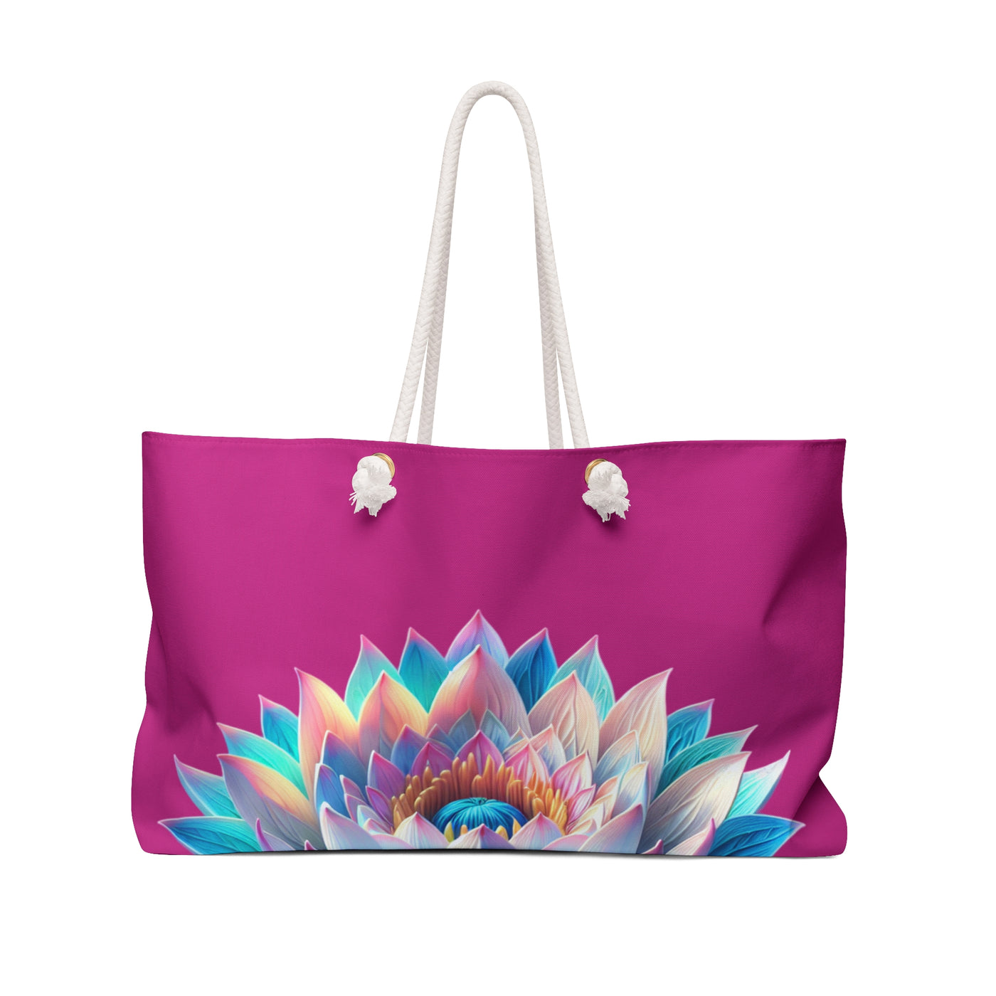 Tote Bag: Lotus Reflection Asymmetric Weekender Bag in Fuscia