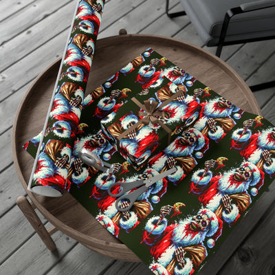 Zombie Santa wrapping paper on a wooden table with scissors and a gift.