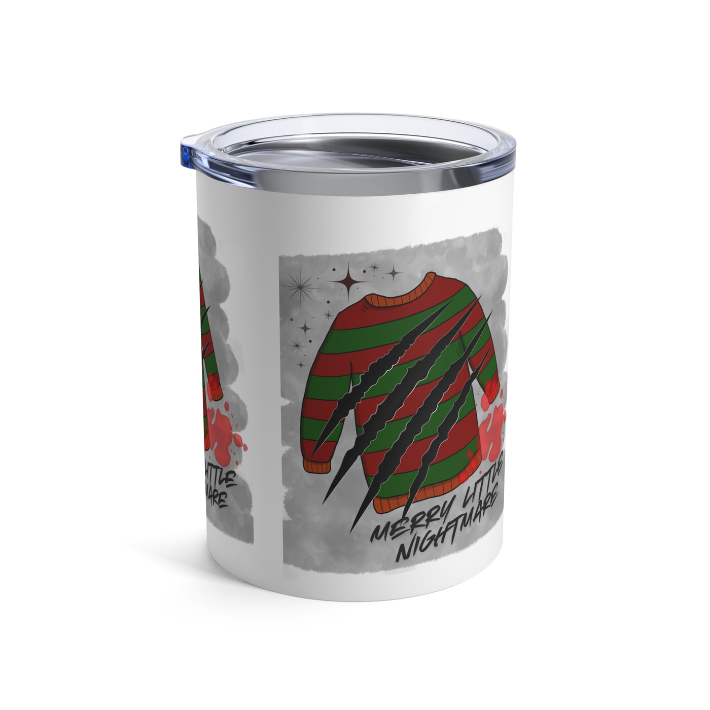 A stainless steel tumbler with a "Merry Little Nightmare" design featuring a striped sweater and claw marks.