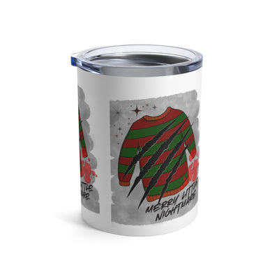 A stainless steel tumbler with a "Merry Little Nightmare" design featuring a striped sweater and claw marks.