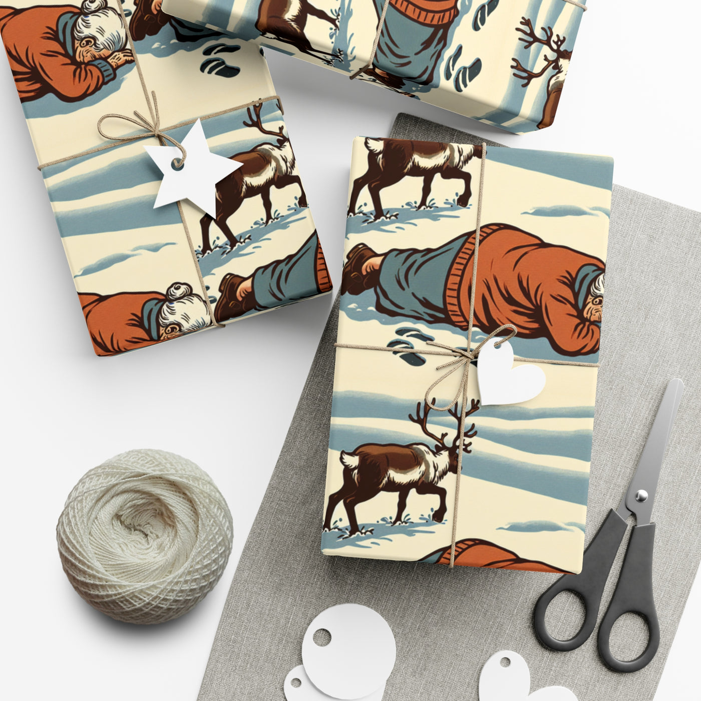 Eco-friendly wrapping paper with a vintage Christmas design of a grandma and reindeer.