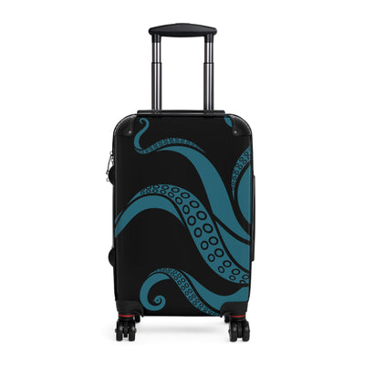 Durable suitcase with swivel wheels featuring teal kraken tentacle design on black shell, ideal for stylish ocean-themed travel.