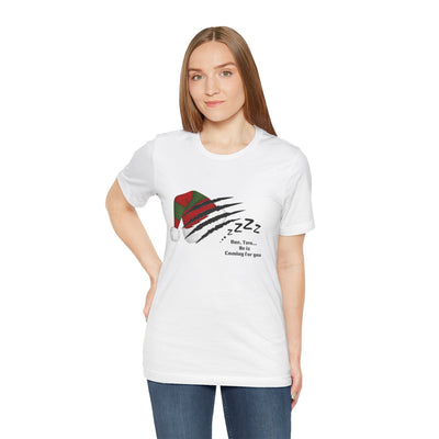 Unisex white t-shirt with a graphic of a Santa hat, claw marks, and text.