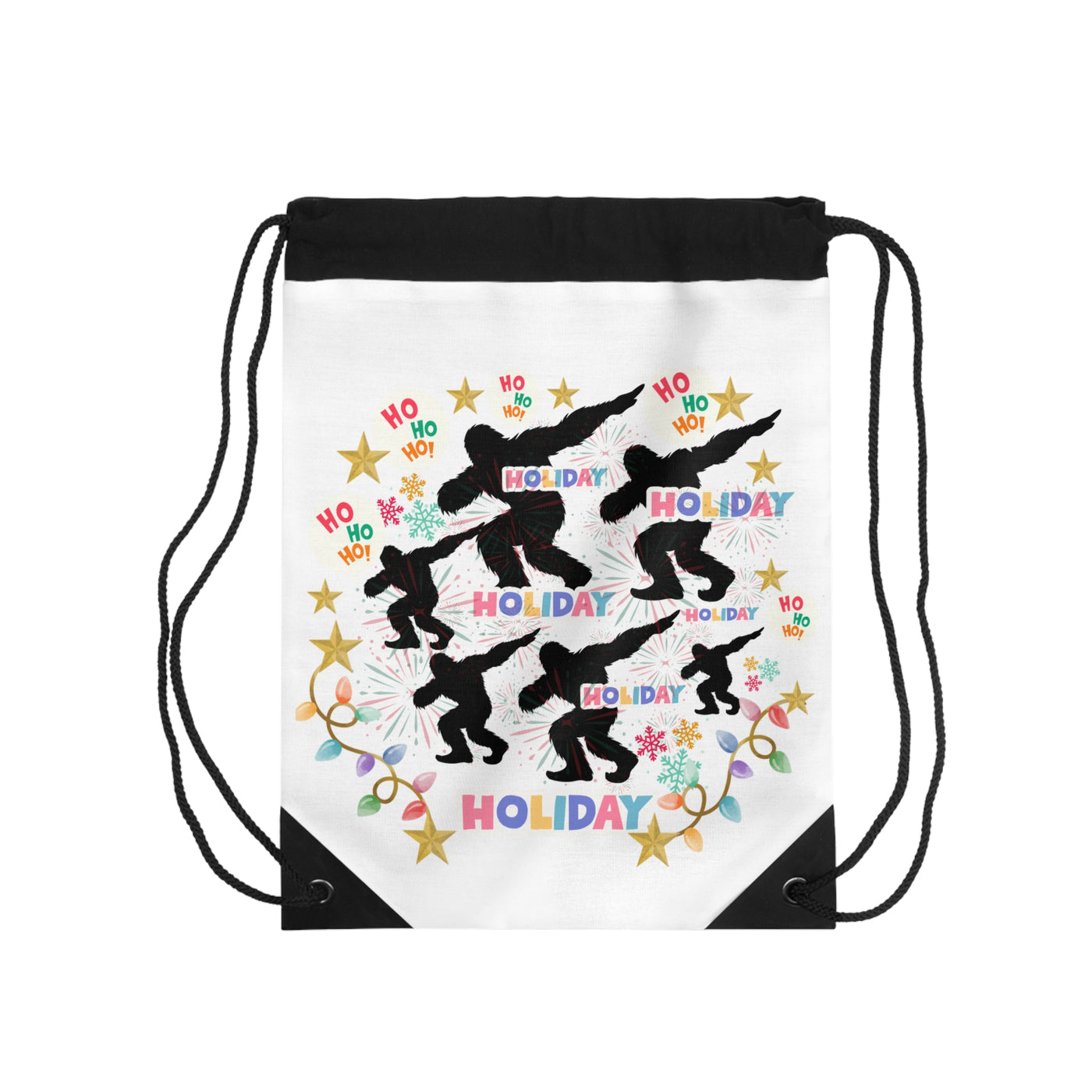 A white drawstring bag with a holiday design featuring dabbing Sasquatch figures.