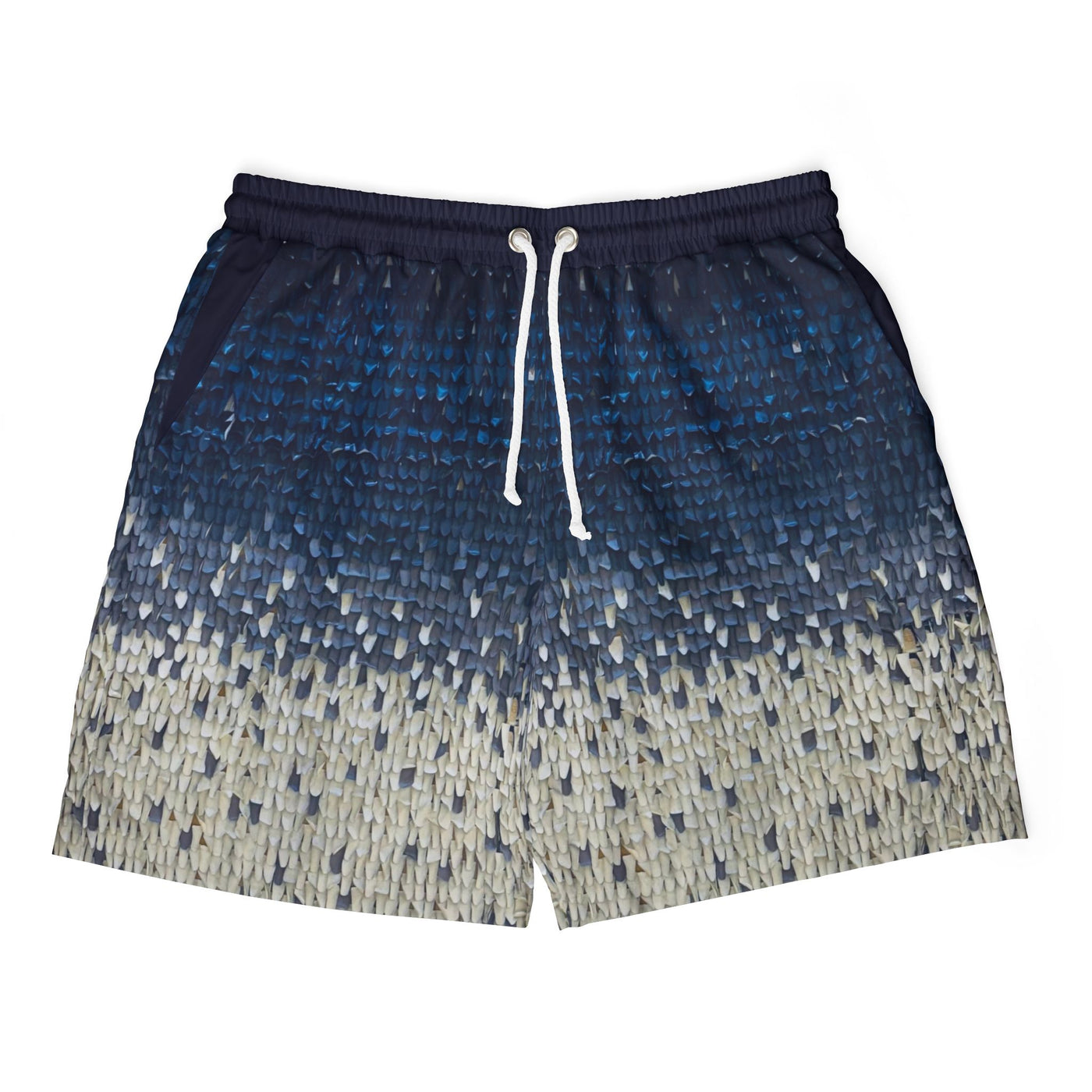 Navy and beige patterned shorts with a white drawstring on a white background