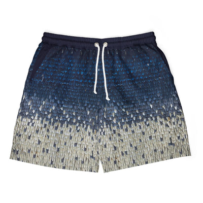 Navy and beige patterned shorts with a white drawstring on a white background