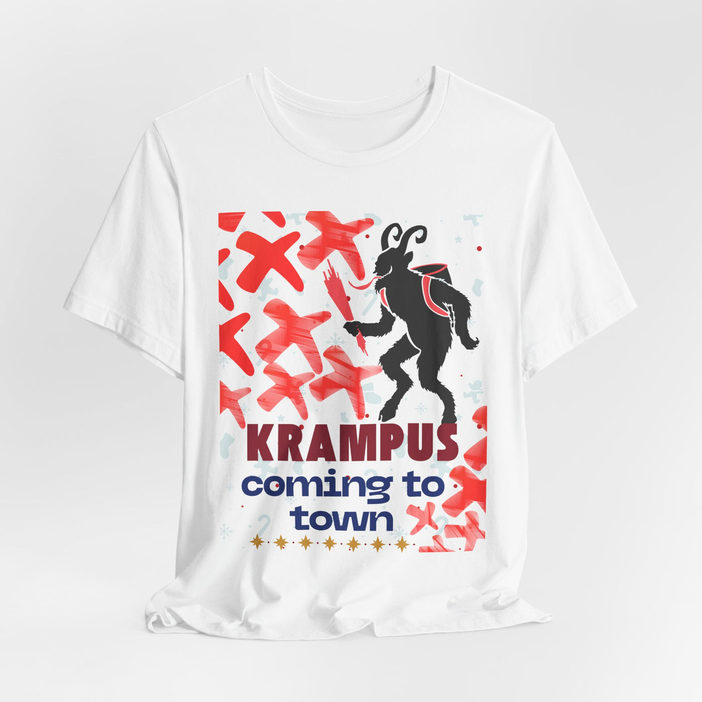 White t-shirt with a black silhouette of Krampus and red X graphics.