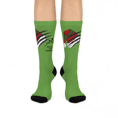 Green crew socks with a Freddy Krueger holiday horror design.