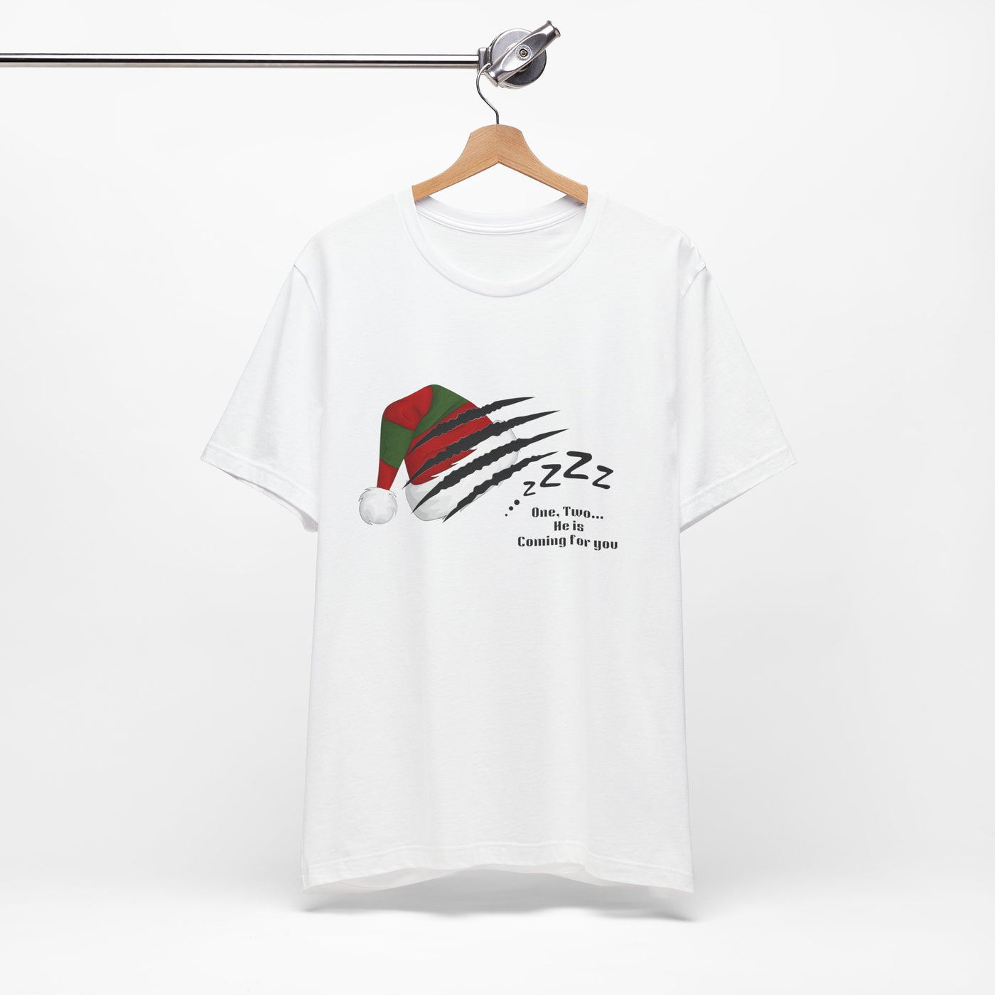 White unisex t-shirt with a Nightmare on Elm Street holiday graphic.