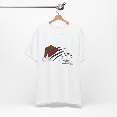 White unisex t-shirt with a Nightmare on Elm Street holiday graphic.