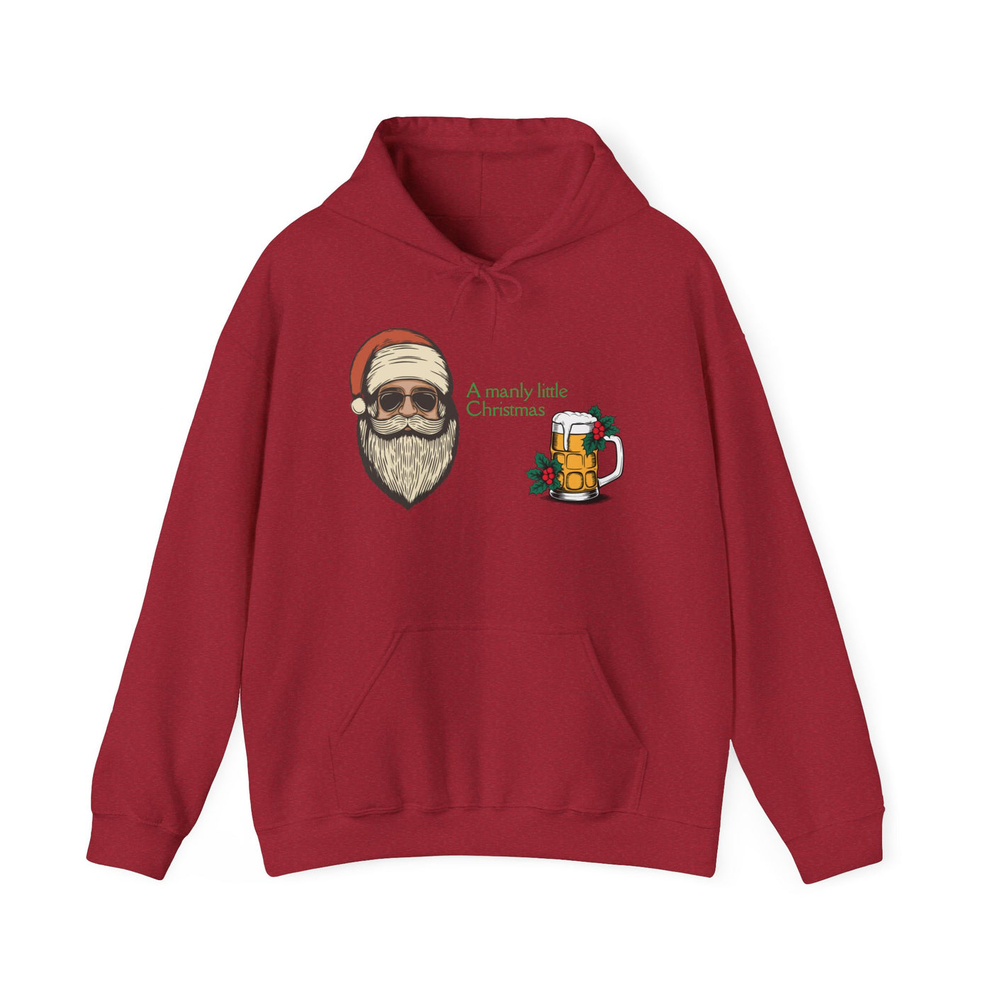 Red hoodie with a graphic of Santa with sunglasses and a beer mug.