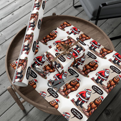 Wrapping paper with Santa and Bigfoot designs, available in satin or matte finish.