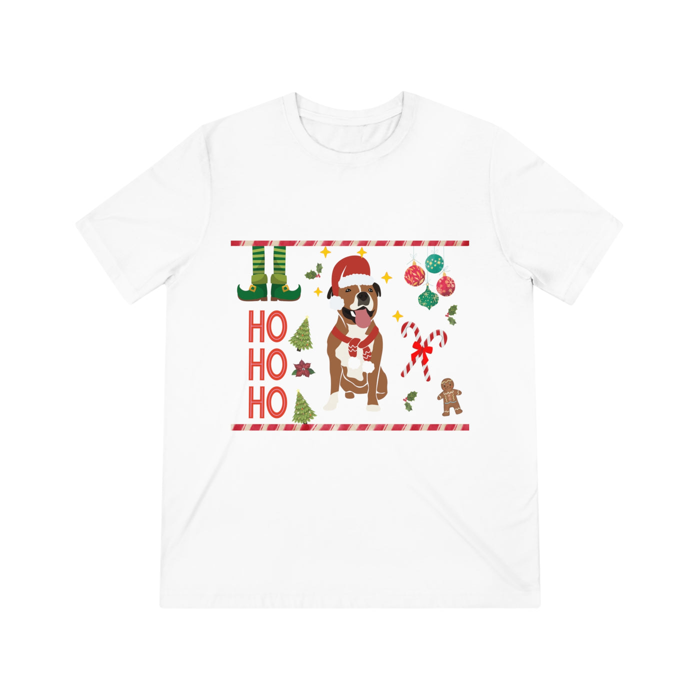 White t-shirt with a festive Christmas dog design and "Ho Ho Ho" text.