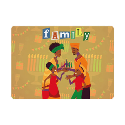 Kwanzaa postcard with a vibrant family celebrating around a kinara.