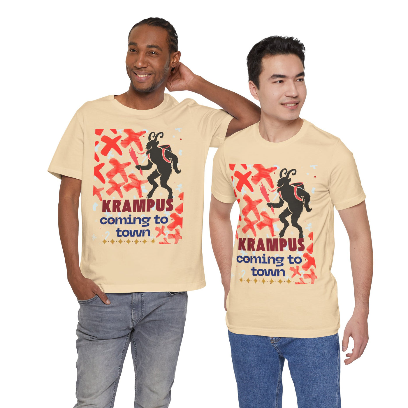 Two men wear light yellow t-shirts with a Krampus graphic and text.