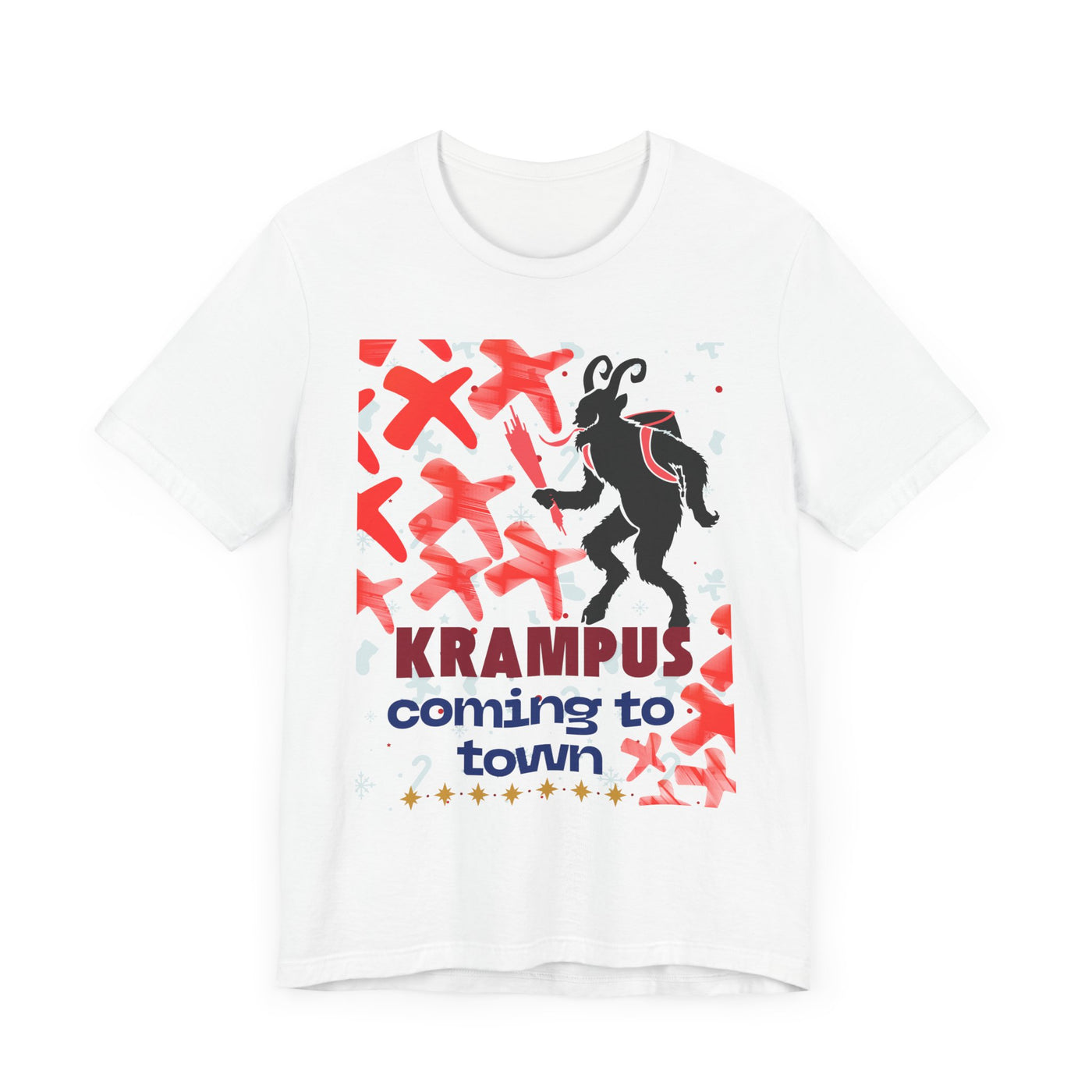 A white t-shirt with a black silhouette of Krampus and the text "Krampus coming to town".
