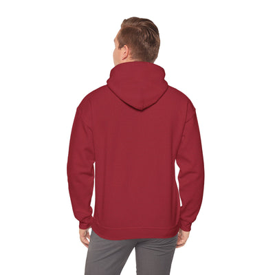 Back view of a man wearing a maroon hooded sweatshirt and gray pants.
