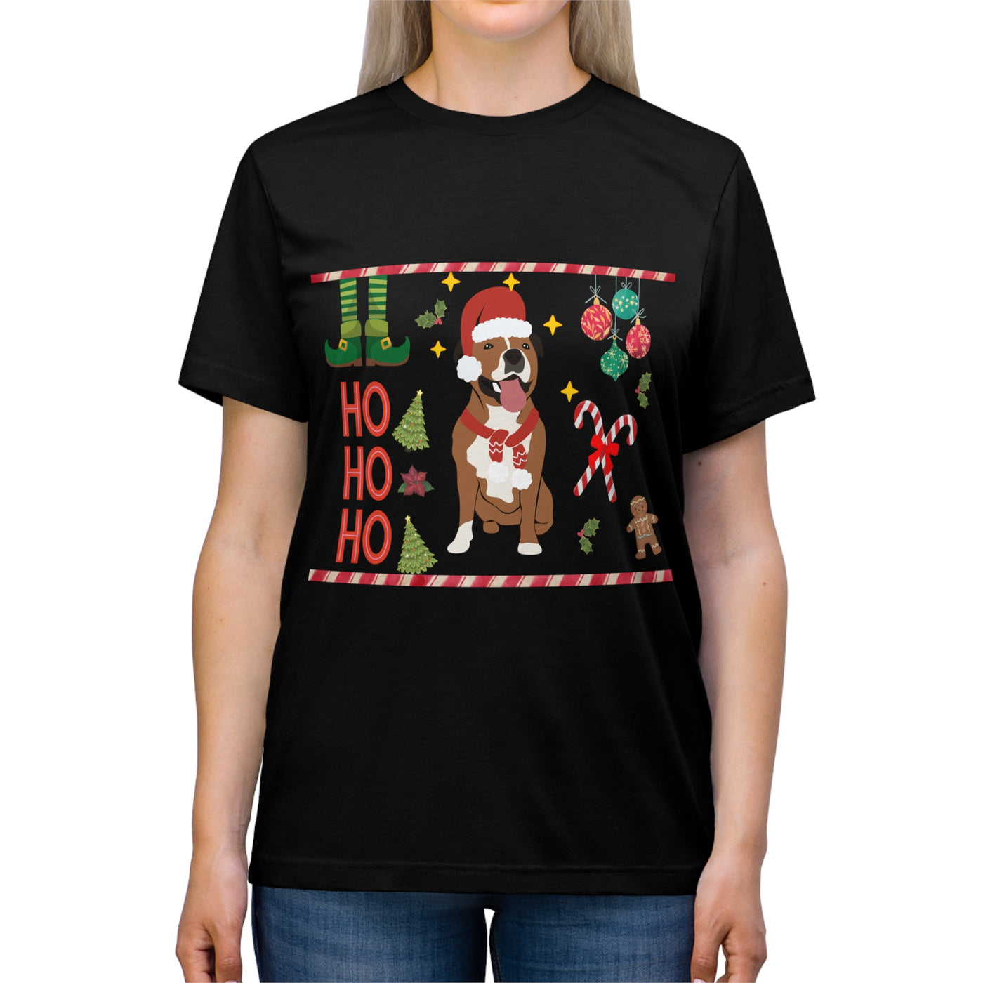 Black t-shirt with a festive dog and "Ho Ho Ho" holiday graphic.