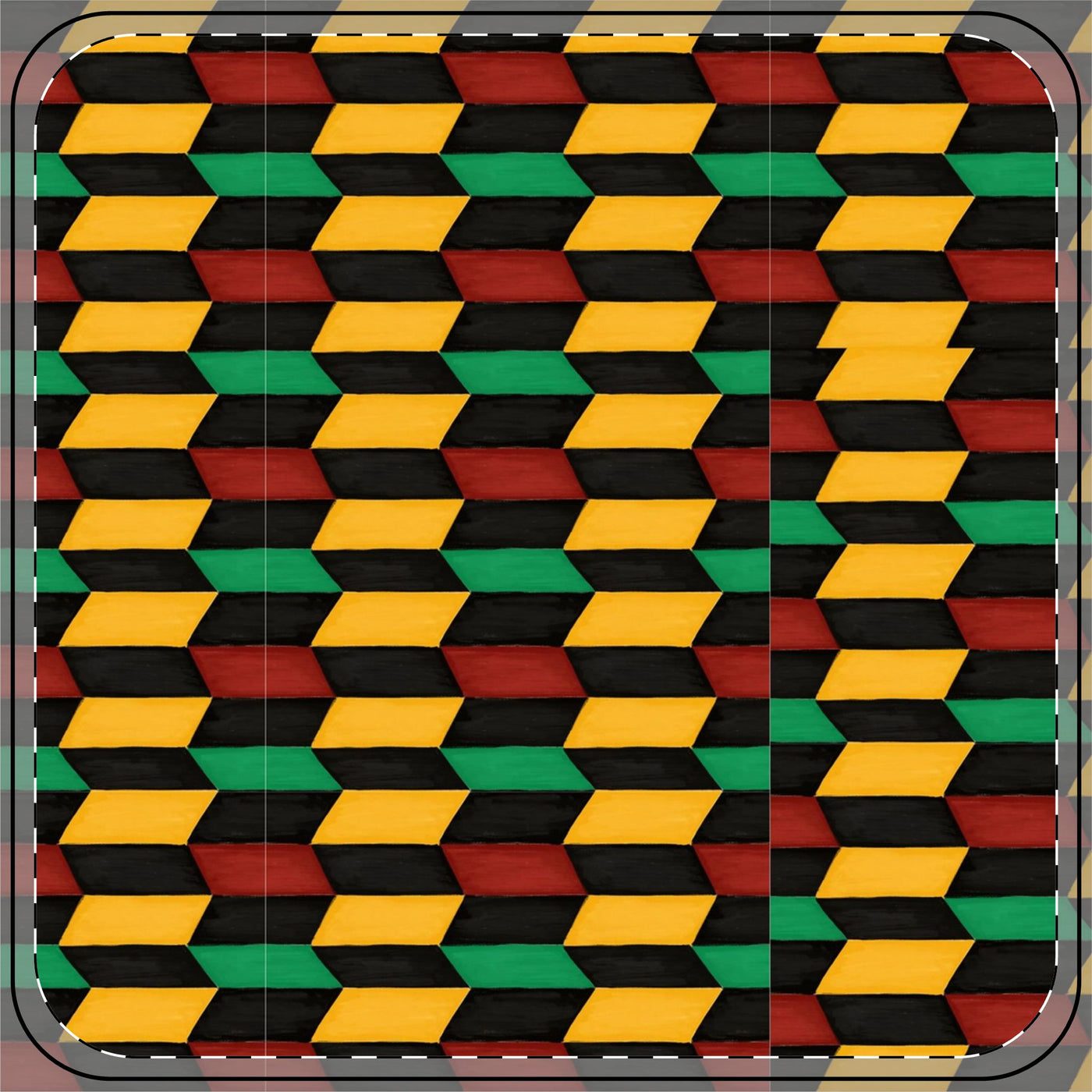 Kwanzaa-inspired geometric coasters in red, green, yellow, and black.
