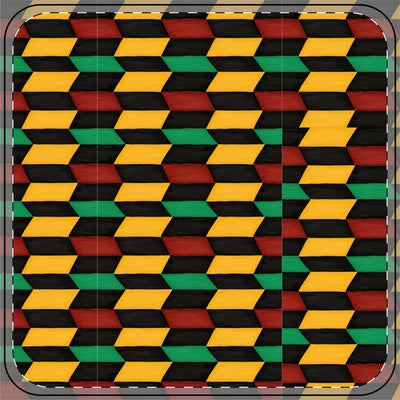 Kwanzaa-inspired geometric coasters in red, green, yellow, and black.