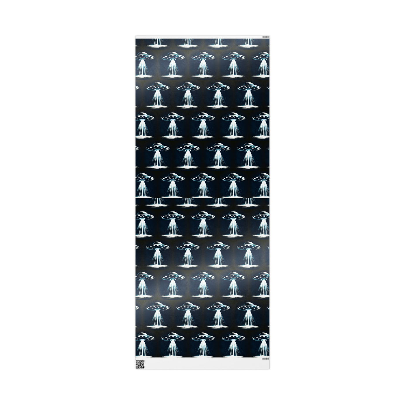 Wrapping paper with a repeating pattern of UFOs emitting beams of light.