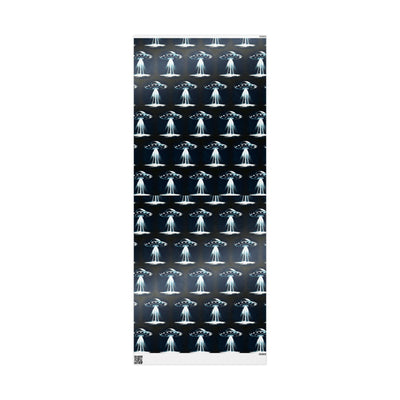 Wrapping paper with a repeating pattern of UFOs emitting beams of light.